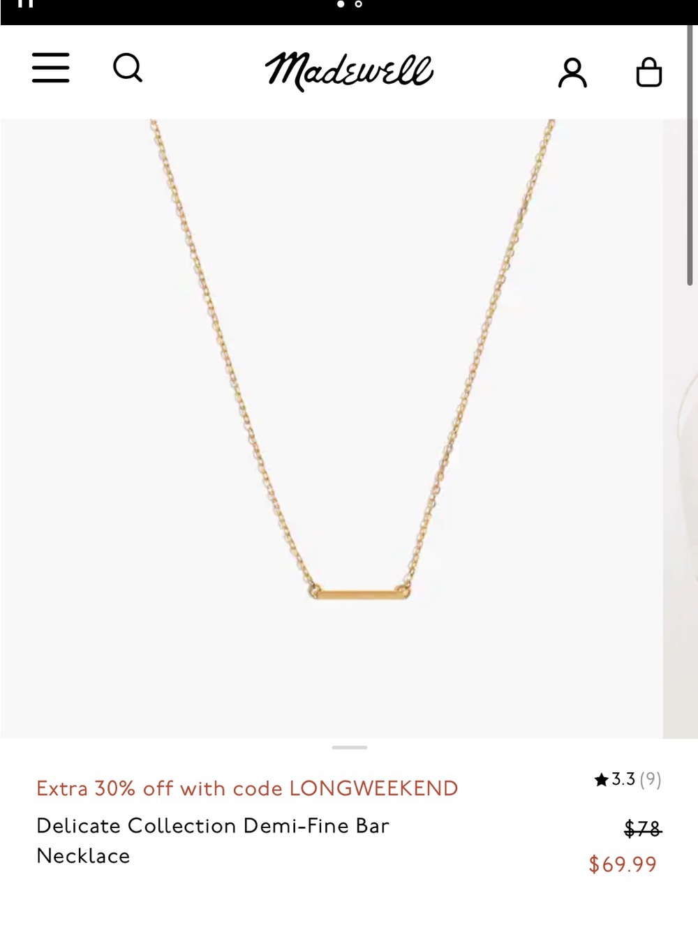 Madewell Delicate collection Gold Horizontal Bar Necklace